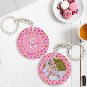 Floral Bee Pink Watercolor Pattern Name Monogram Key Ring