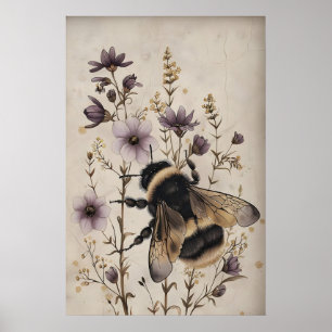 Floral Bee Print, Dark Academia Wall Art
