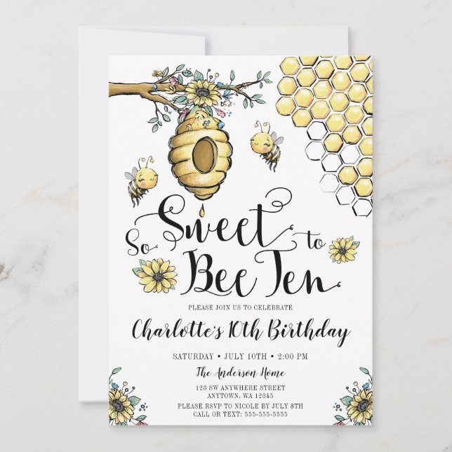 Floral Beehive Honey So Sweet Bee 10th Birthday Invitation (Front)