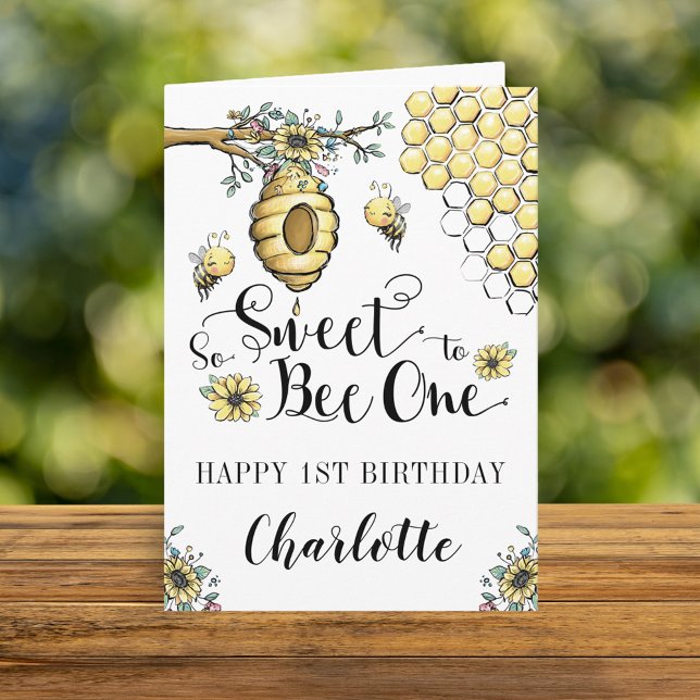 Floral Beehive Honey So Sweet Bee 1st Birthday Card (Creator Uploaded)