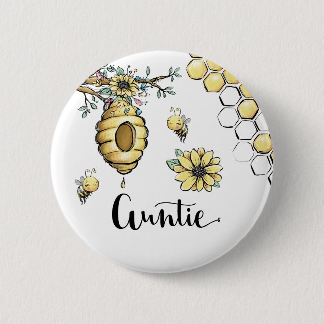 Floral Beehive Honey Sweet Bee Baby Shower Auntie 6 Cm Round Badge (Front)