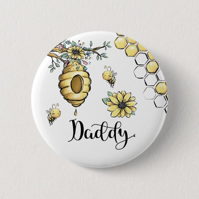 Floral Beehive Honey Sweet Bee Baby Shower Daddy 6 Cm Round Badge (Front)