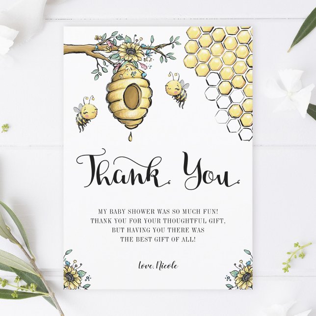 Floral Beehive Honey Sweet Bee Girl Baby Shower Thank You Card (Creator Uploaded)