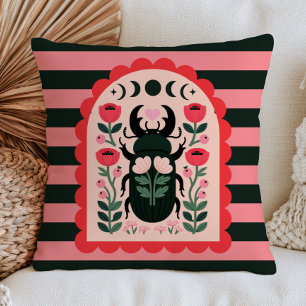 Floral Beetle Celestial Folk Art Insect Striped Cushion
