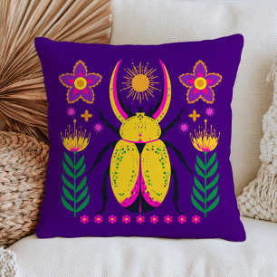 Floral Beetle Insect Illustration Bold Purple Boho Cushion