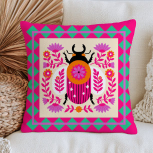 Floral Beetle Insect Illustration Fuchsia Pink Cushion