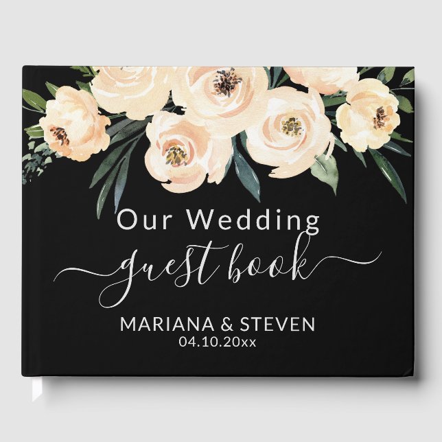 Floral Beige Blush on Black Wedding Guest Book (Front)