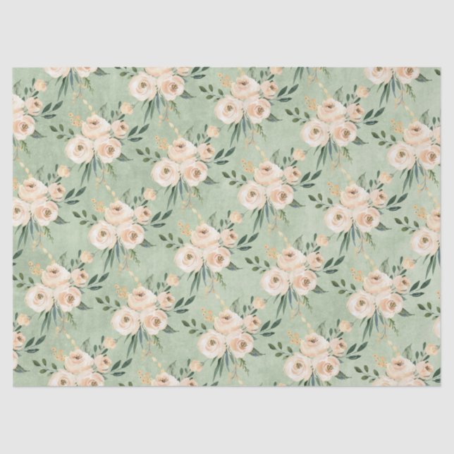 Floral Beige Blush on Green Wedding Tissue Paper (Front)
