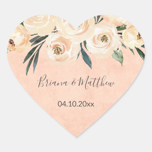 Floral Beige Blush on Pink Wedding Favours Heart Sticker (Front)