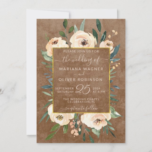 Floral Beige Blush Roses Gold Brown Wedding Invitation (Front)