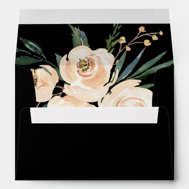 Floral Beige Blush Roses Gold on Black Wedding Envelope (Back (Bottom))
