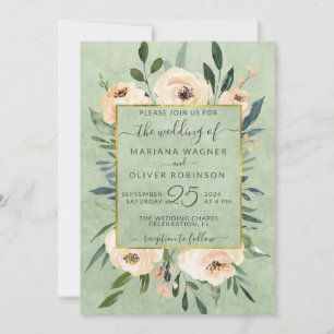 Floral Beige Blush Roses Gold Sage Green Wedding Invitation