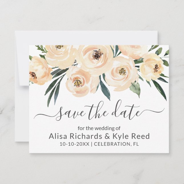 Floral Beige Blush Roses Gold Save the Date Announcement (Front)
