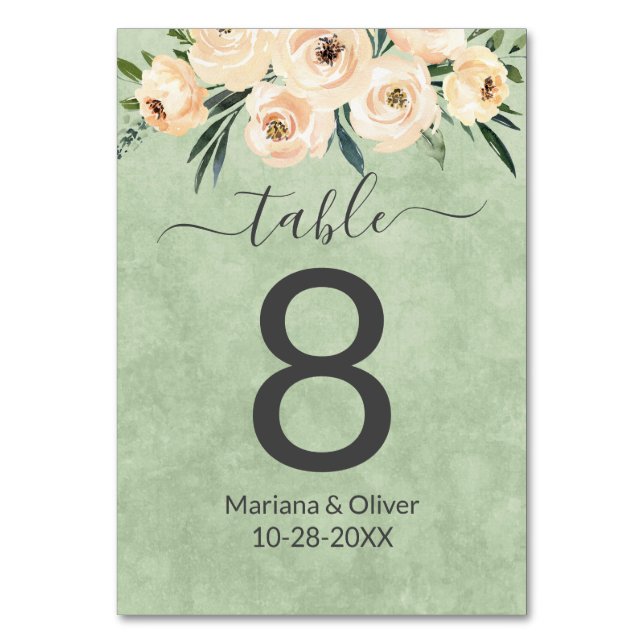 Floral Beige Blush Sage Green Table Number (Front)