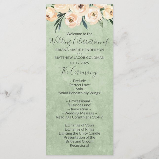 Floral Beige Blush Sage Green Wedding Program (Front)