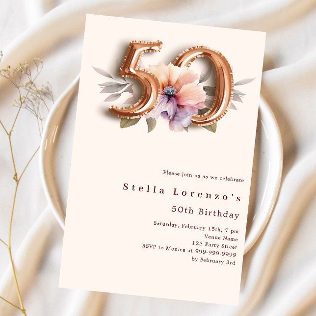 Floral beige gold peach 50th birthday invitation (Creator Uploaded)