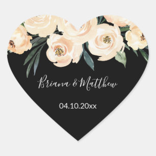 Floral Beige on Black Wedding Favours Heart Sticker