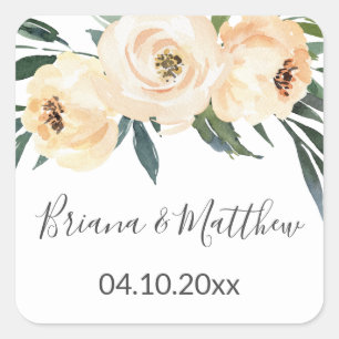 Floral Beige White Wedding Favours Square Sticker