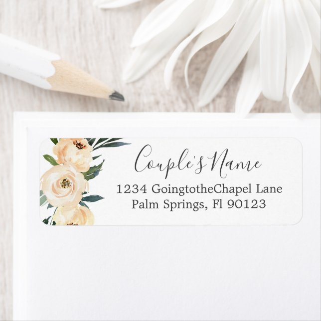 Floral Beige White Wedding Return Address Label (Insitu)