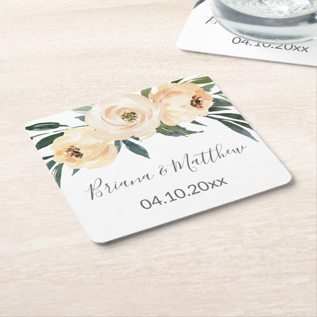 Floral Beige White Wedding Square Paper C Coaster (Angled)