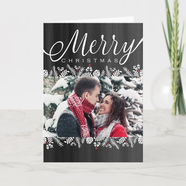 Floral & Berries Chalkboard Merry Christmas Photo Holiday Card (Front)