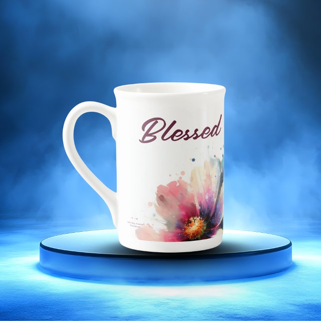   Floral Berry BLESSED Typography Design Bone China Mug (Floral Design with the Word Blessed)
