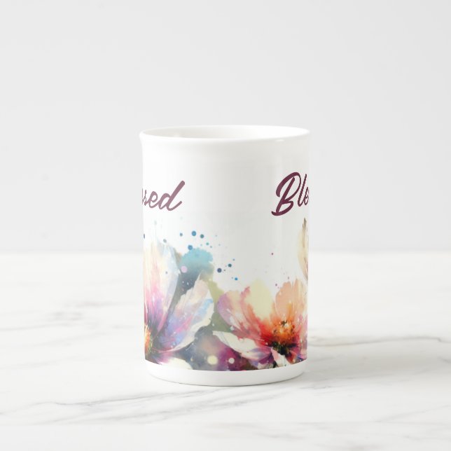   Floral Berry BLESSED Typography Design Bone China Mug (Front)