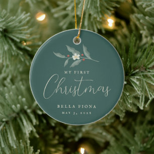 Floral Berry Branch My First Christmas Photo Ceramic Ornament