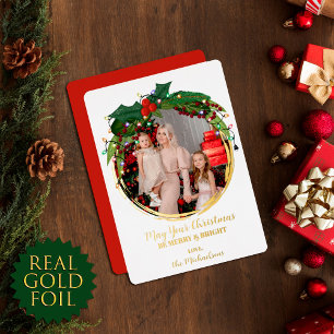 Floral Berry Wreath Christmas Lights Photo Gold Foil Holiday Card
