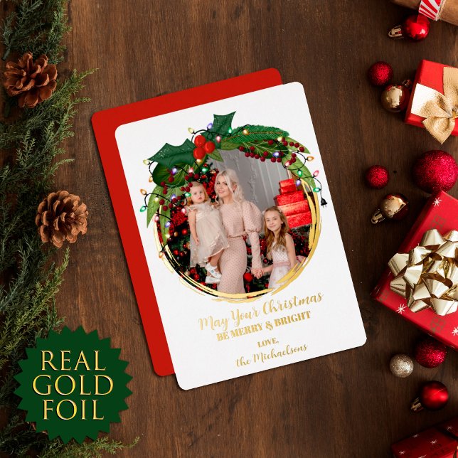 Floral Berry Wreath Christmas Lights Photo Gold Foil Holiday Card (Creator Uploaded)