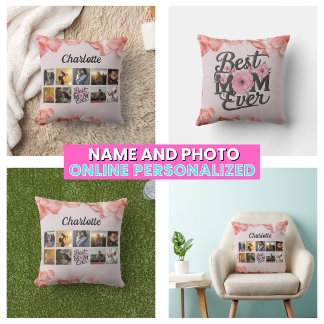 Floral Best Mum Ever Script Mother's Photo Collage Cushion