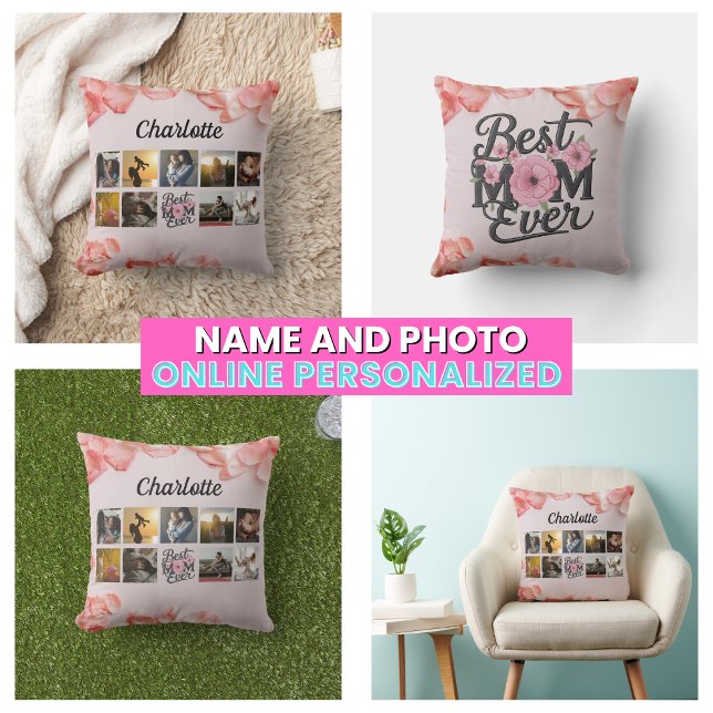 Floral Best Mum Ever Script Mother's Photo Collage Cushion (Floral Best Mom Ever Script Mother's Photo Collage Throw Pillow)