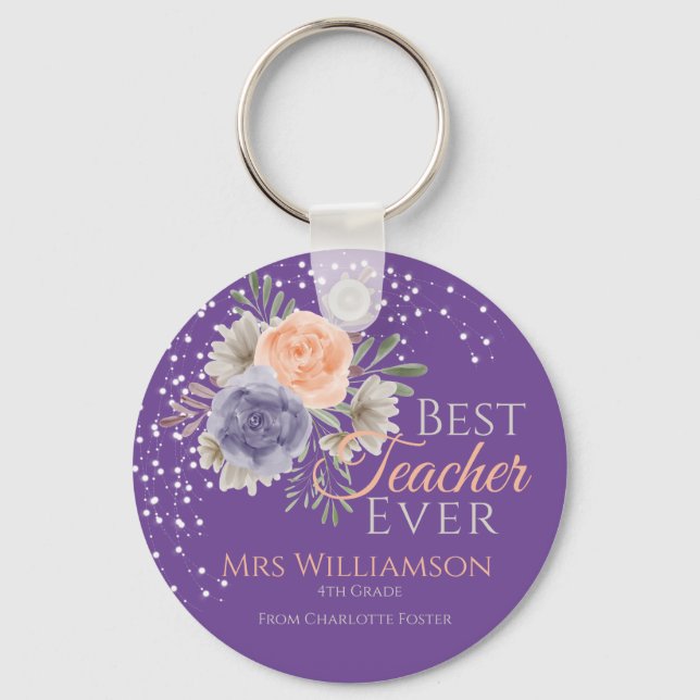 Floral Best Teacher Ever Peony Rose Purple Key Ring (Front)