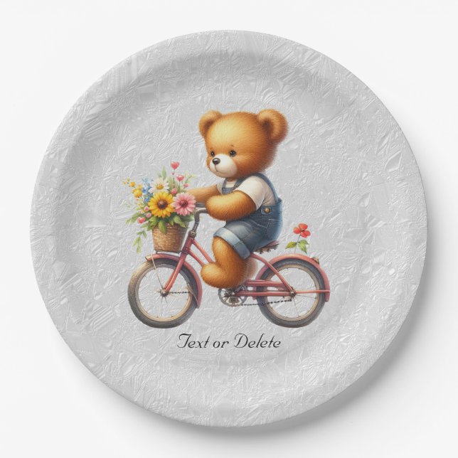 Floral Bicycle Bear Paper Plate (Front)