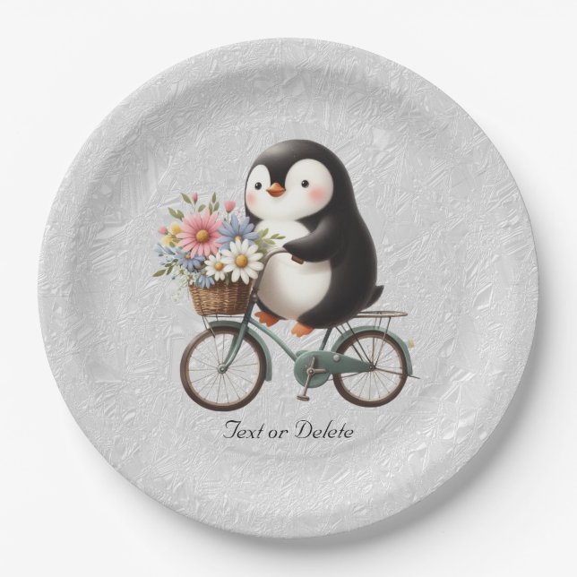 Floral Bicycle Penguin Paper Plate (Front)