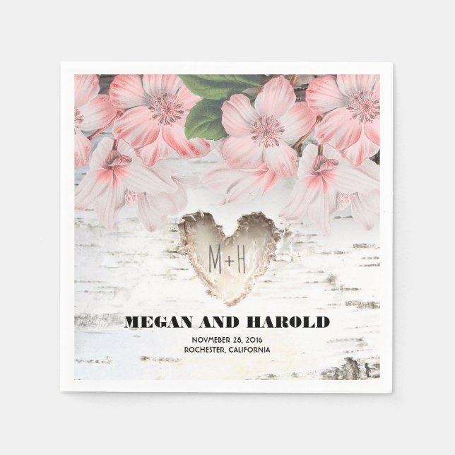 Floral Birch Heart Rustic Country Wedding Napkin (Front)