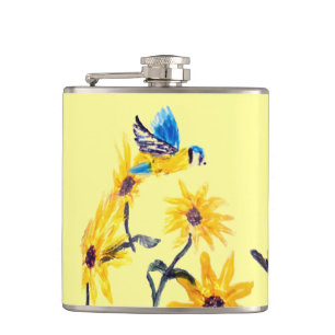 Floral Bird Art Yellow Sunflowers Hip Flask