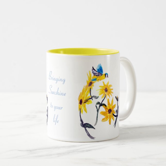 Floral Bird Art, Yellow Sunflowers Quote Two-Tone Coffee Mug (Front Right)
