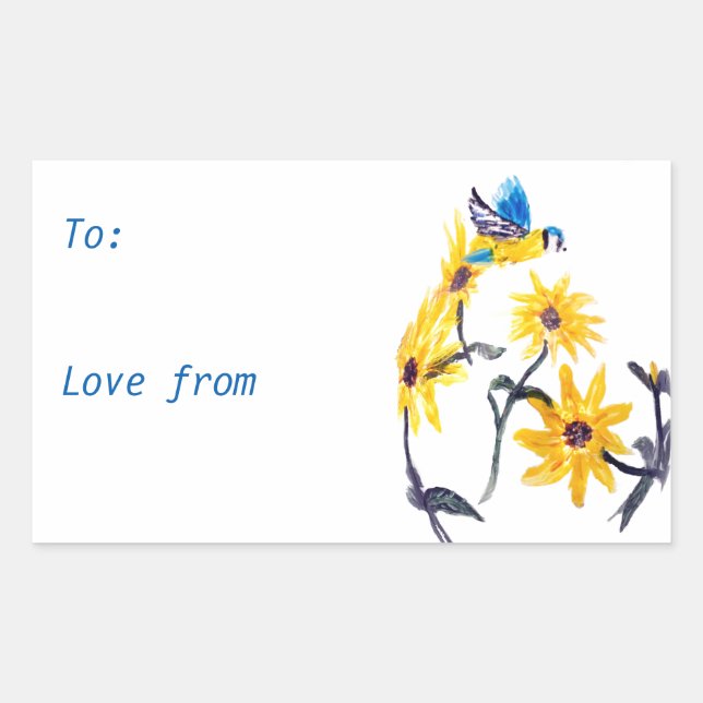 Floral Bird Art, Yellow Sunflowers Rectangular Sticker (Front)