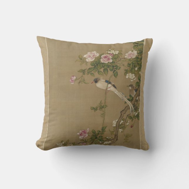 Floral Bird Asian Antique Style  Cushion (Front)