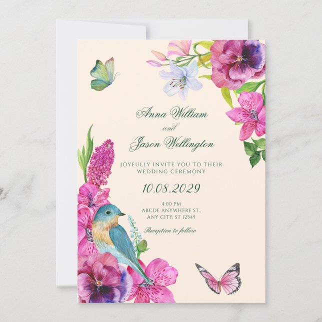 Floral bird butterfly wedding  invitation (Front)