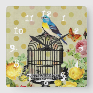 Floral Bird Cage Ephemera Granny Chic  Square Wall Clock