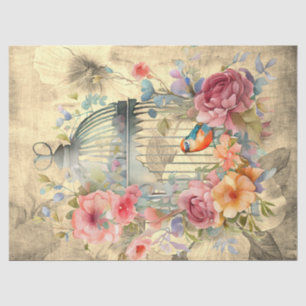 Floral Bird Cage Parchment Background Decoupage Tissue Paper