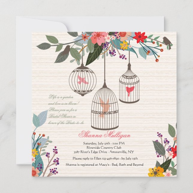 Floral Bird Cages Bridal Shower Invitation (Front)