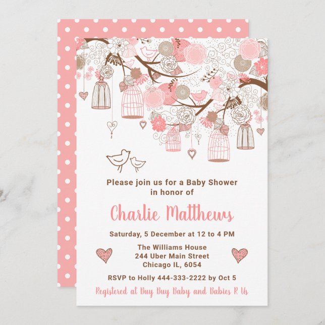 Floral Bird Cages Pink Baby Shower Invitation (Front/Back)