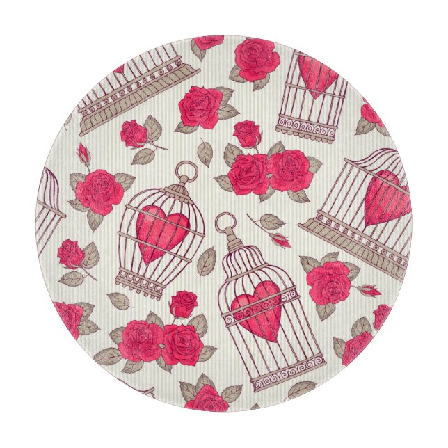 Floral Bird Cages Roses Pattern Cutting Board (Front)