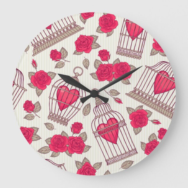 Floral Bird Cages Roses Pattern Large Clock (Front)