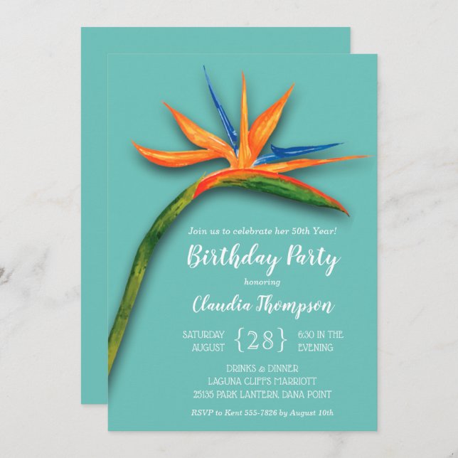 Floral Bird of Paradise Birthday Invitations (Front/Back)