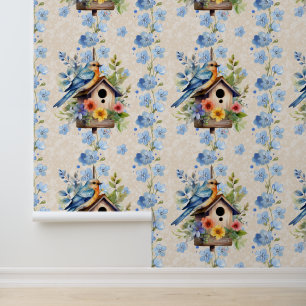 Floral Birdhouse Bird Striped Blue Texture Cream Wallpaper