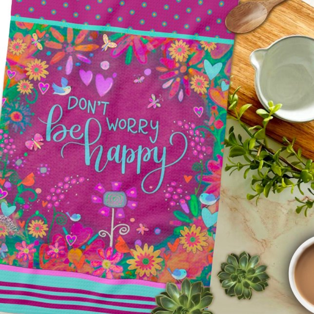 Floral Birds Fun Colourful Be Happy Quote Tea Towel (Creator Uploaded)